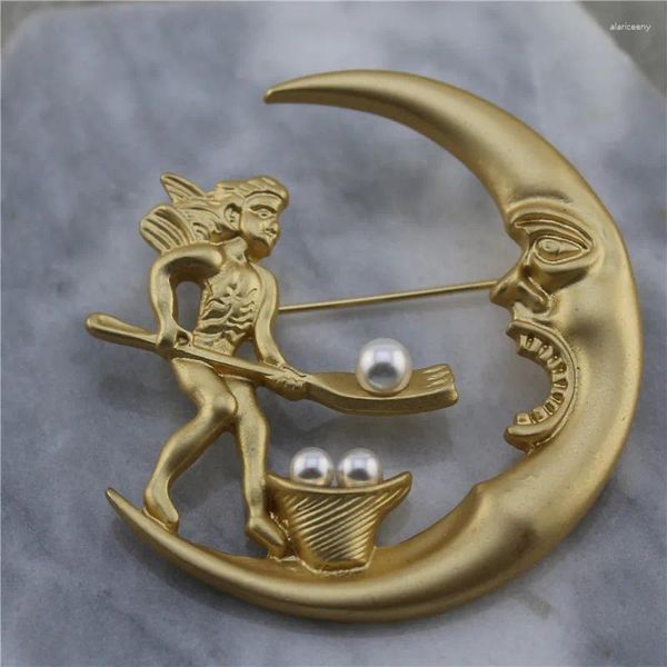 Broches Vintage Mitología antigua china Pangu ha creado un mundo Luna Perla Botón Insignia Barroco Solapa Broche Pin Decoración Joyería