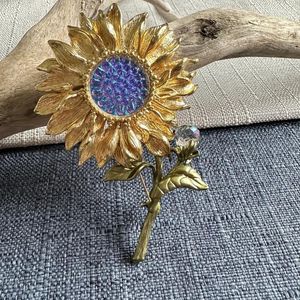 Broches Vintage Plant Sunflower Corlorful Glass Green Leaf Brooch Woman Bijoux