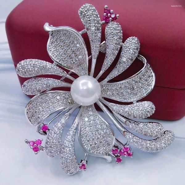 Broches de Style Vintage pour femmes, bijoux avec cristal CZ clair d'autriche et perle d'imitation, grande fleur, accessoires de mariage