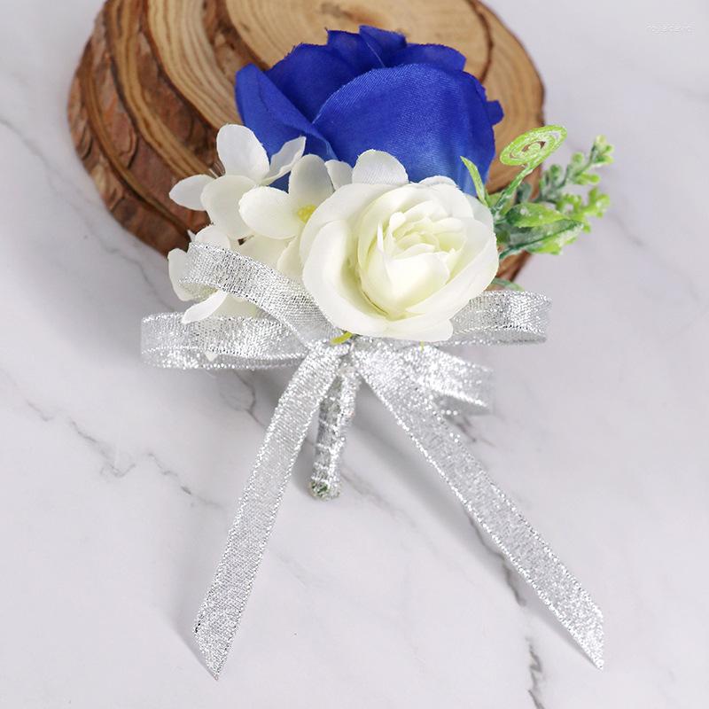 Broches de mariage pour la mariée et le marié, Corsage bleu Royal pour sœur, fleur de poignet, Simulation de soie, H1315