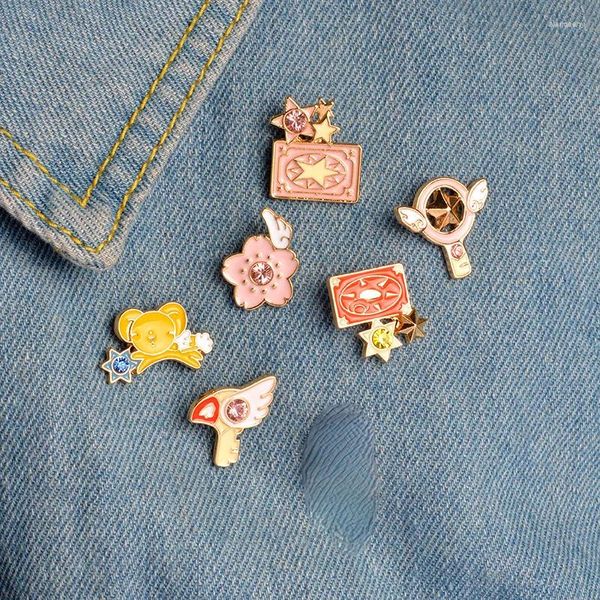 Broches En gros 6 pièces/ensemble mignon carte rose Sakura Kero épée Kinomoto étoile baguette clé émail épinglette Badge japonais Anime Collection