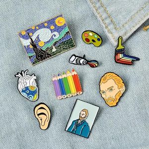 Broches al por mayor genio pintor Van Gogh esmalte Pins pincel pintura al óleo insignia camisa solapa joyería regalos para amigos