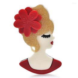 Broches Wulibaby acrylique Sexy dame broche broches femmes porter fleur rouge cheveux dorés charmante fille fête bureau cadeaux