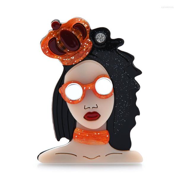 Broches Wulibaby Acrílico Wear Crown Lady para mujeres Cool Glass Black Curly Hair Girl Figura Broche Pins Regalos