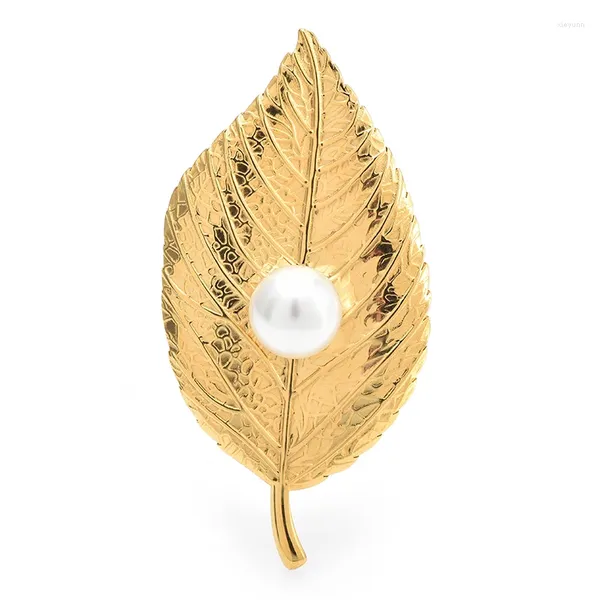 Broches Wulibaby perle feuille en acier inoxydable pour femmes unisexe 2 couleurs plantes assorties avec tout fête bureau broche broches cadeaux