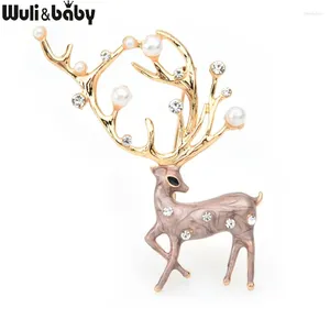 Broches Wulibaby rouge marron émail cerf femmes alliage perle wapiti Animal broche broches cadeaux