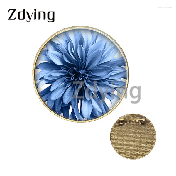 Broches Zdying 30 mm Fleur bleue Rose Badge Pins Metal Glass Po Cabochon Dome Antique Silver / Bronze Color Jewelry RE033
