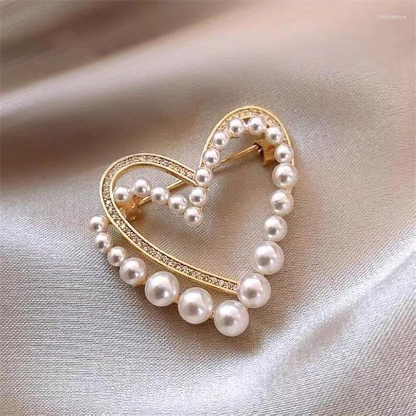 Broches ZOSHI Double couche amour coeur pour femmes luxe strass simulé perle broche broches bijoux élégants pull boucles