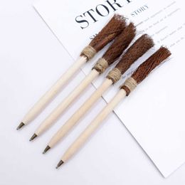Broom Creative Design Craft Ballpoint Pen Halloween Witch Broomstick Natural Brown Hair Brush Wooden