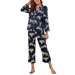 Brosloth Ensemble pyjama en satin de soie pour femme Motif tigre mignon Ensemble de vêtements de détente deux pièces Boutonné Pamas Vêtements de nuit Noir