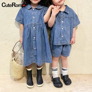 Broer zus broer of zus look denim blauw zomerjongens kleren set meisje jurk Koreaanse stijl familie matching outfits meisjes kleding 240403