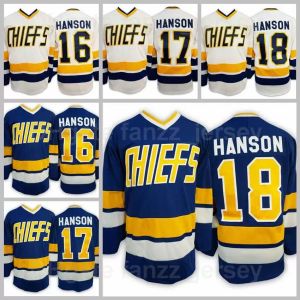 Frères Charlestown Slap Shot 16 Jack Hanson Jersey Film Hockey sur glace 17 Steve Hanson 18 Jeff Hanson Tous cousus Bleu Extérieur Blanc Sports