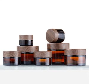 Cosmetische zalfpotje van bruin amberkleurig glas met plastic deksel van houtnerf, 10 g, 30 g, 50 g, reismake-upcontainers