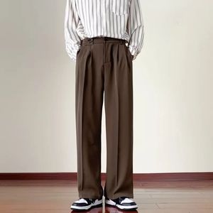 Traje negro marrón para hombre de moda para hombre de moda para hombre coreano, ajustado suelto de las piernas anchas rectas, pantalones de oficina 240430