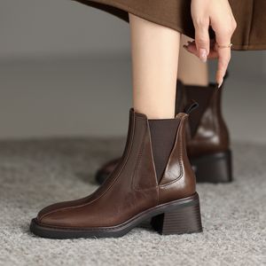 Bottes Chelse Vintage marron noir pour femme, bottes courtes à talons hauts et épais, hiver 2023