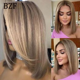 Blonde marron Blonde en dentelle synthétique Front Bob court S 13x3 Colored Straightless Dark Roots for Women 240327