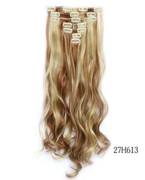 Brun blond méché 27613 7pcsset 22quot 55cm 130g Clip dans les extensions de cheveux Clip synthétique dans l'extension de cheveux cheveux ondulés Ex7557763