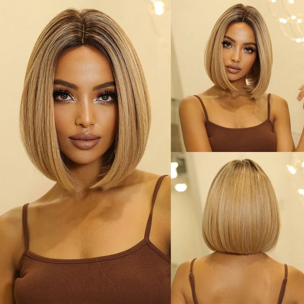 Brown Blonde ombre Wigs synthétiques Bob Straight Bob Wig Fomen With Dark Roots Part Middle Cosplay Cosplay Wig résistant à la chaleur