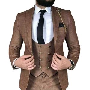 Bruin Business Men Past Slim Fit Mannelijke Mode Bruiloft Tuxedo voor Bruidegom Diner 3 Pieces Jacket Vest met Broek Formele Kostuum X0909
