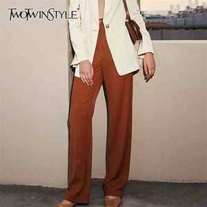Bruine casual minimalistische broek voor vrouwen hoge taille rechte wijde beenbroek vrouwelijke Koreaanse lente mode kleding 210521