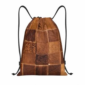 Brown Checkered Cowhide Patche Sacs à cordon Femmes Sports pliables Gym Sackpack Fourrure animale Cuir Texture Boutique Sacs à dos m8BT #
