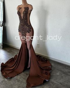 Robe longue de soirée trompette marron chocolat, tenue de gala d'anniversaire pour fille noire, robe de luxe avec fente en cristal et diamant, robe de bal de réception, 2024
