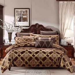 Bruin koffie jacquard luxe beddengoed set katoenen vlek bed dekbedovertrek Koning queen size laken set Juego de cama linge de lit 201114