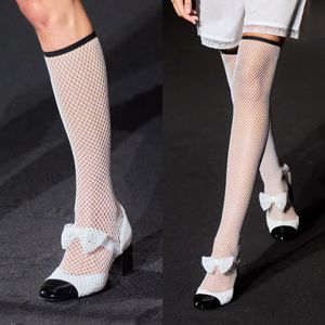 Bowtie Knielaarzen Ontwerper Strass damesschoen Mode Gemengde kleur booggesp 8.5CM hoge hakken Tennis bootie Lakleer Net Knie Hoge laars 35-41