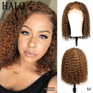 Couleur marron court crépus bouclés cheveux humains Bob fermeture perruques pour les femmes noires pré-cueillies 13x4 synthétique avant de lacet perruque avec Babyhair