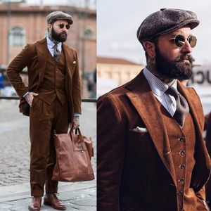 Trajes de hombre de pana marrón con solapa de muesca, novio, boda, esmoquin, graduación, Terno Masculino, chaqueta ajustada, chaqueta de 3 piezas + pantalón + chaleco 220411