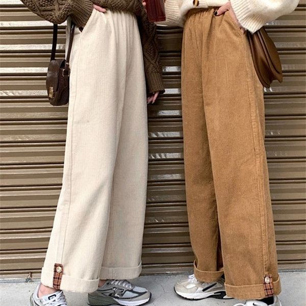 Marron velours côtelé femmes pantalon épais décontracté taille haute jambe large pantalon femme Vintage Harajuku hiver Beige pantalon ample femme 220325