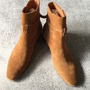 Bottes en cuir suédé de vache marron pour hommes, montantes, avec sangle à boucle, harnais, grande taille 38-46, photos réelles, hiver