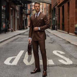 Brown Double Breasted Mens Suit Peaked Lapel For Wedding Tuxedos Two Pieces Groom Wear Prom Blazers With Jackets And Pants