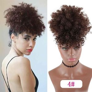 Brown Drawstring Kinky Curly High Puff Ponytail Human Hair piece Extensions African American Hair Ponytail With Bangs Short Wrap Clip