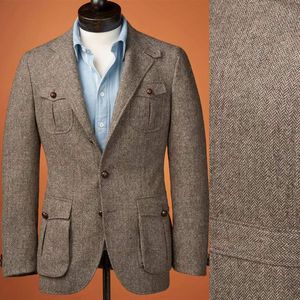 Tuxedos d'hiver en laine Tweed marron et gris pour hommes, coupe cintrée, vêtements de marié formels, manteau une seule pièce
