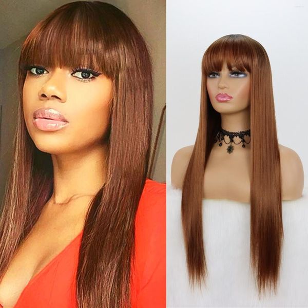 Cheveux Marron Synthétique Avec Frange Air Femme Long Raide Fibre Résistante à la Chaleur Sans Colle