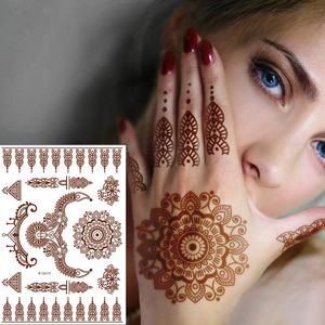 Brun henné dentelle temporaire tatouage autocollant papillon Mehndi fleur faux tatouage pour femmes plume flore Sexy henné conception autocollants