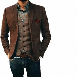 Costume pour hommes Herringbe marron Blazer Tweed simple boutonnage revers cranté manteau une pièce beaux vêtements pour mariage/busin g7nn #