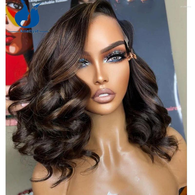 Brown High Lights Short Bob Lace Wigs Human Hair For Women Brasilian Glueless Remy 5.5x4.5pu Silk Base Closure Wave