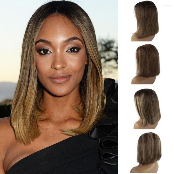 Brun Faits Saillants Bob 13x1 Avant de Lacet Perruque Ombre Balayage Sans Colle Pré Pincée Délié Frontale Perruques de Cheveux Humains Avec Bébé