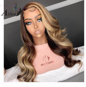 Perruque Lace Frontal Wig 360 naturelle Remy, cheveux humains, Body Wave, brun miel, blond, 13x6, Closure Hd, Atina, 6730555