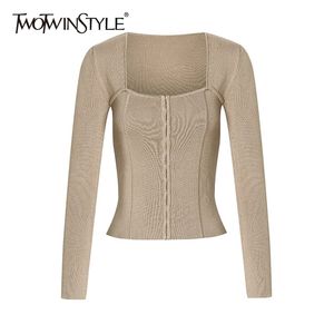 Pull tricoté marron pour femmes col carré à manches longues Slim Vintage chandails femme printemps mode vêtements 210524