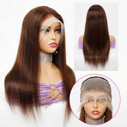Peluca con malla frontal marrón, pelucas de cabello humano para mujer, cierre de encaje transparente sin pegamento, cabello Remy liso de Color negro Natural