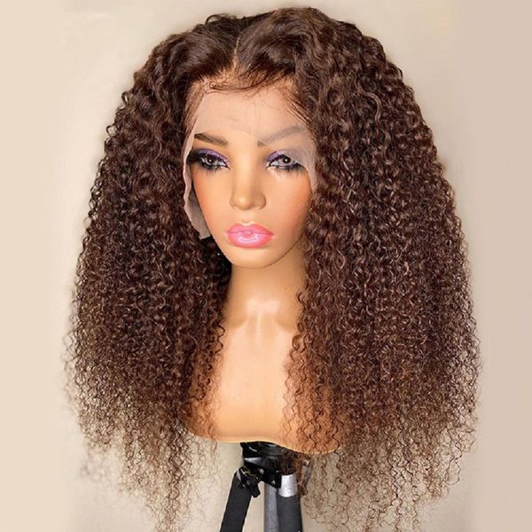 Perruque frontale en dentelle brune Kinky Curly 220% densité Perruques frontales en dentelle Brésilienne Remy Couleur Lace Front Perruques de cheveux humains 4x4 Fermeture Perruques bouclées