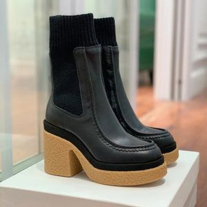 bruin leer hoog platform enkellaarsjes ronde neus blokhakken laarsjes chunky100mm sokstijl laarzen dames luxe designer runway schoenen