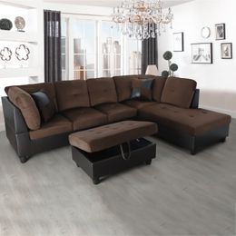 Juego de sofás de salón de 3 piezas con pelusa marrón y PVC B