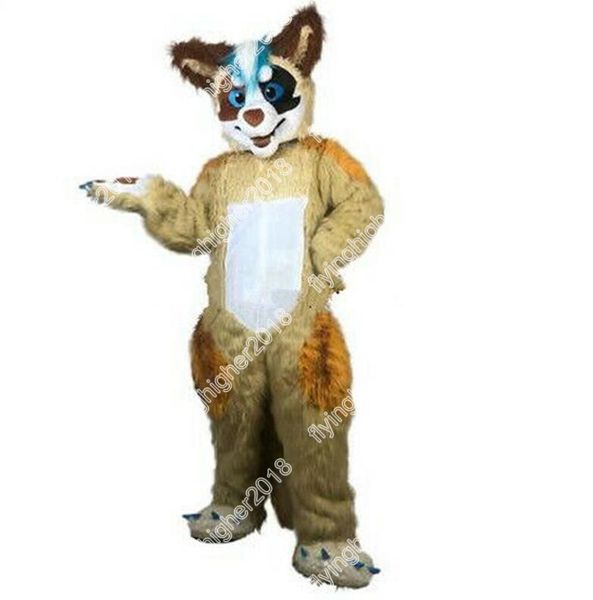 Costume de chien Husky Fox en fourrure longue marron, mascotte, personnage de dessin animé, unisexe, taille adulte, accessoires publicitaires, fête de noël, tenue d'extérieur