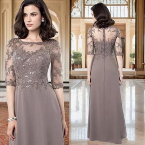 Brown Long Mother of the Bride Half Mancheves Illusion Sheer Neck's Mother's Robes Sequins perled Lace Robes for Arabic Black Women Invite Marid Invité AMM056