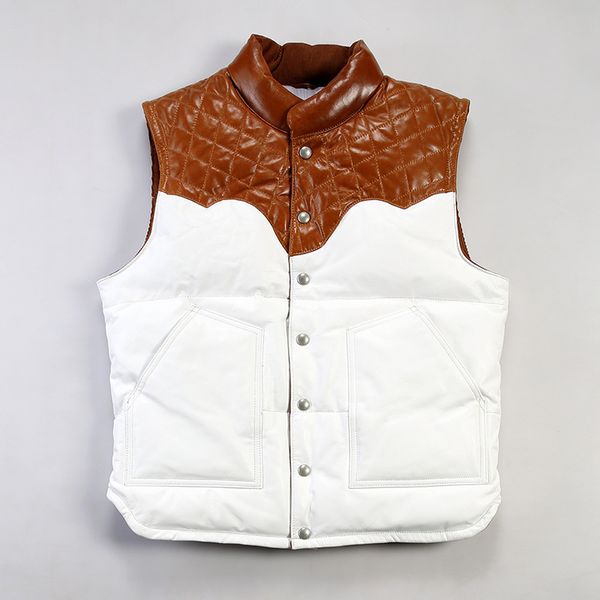 Chaqueta de plumón de cuero informal de colores a juego Chaleco de piel de vaca encerado con aceite Interior de plumón de pato blanco de 200g