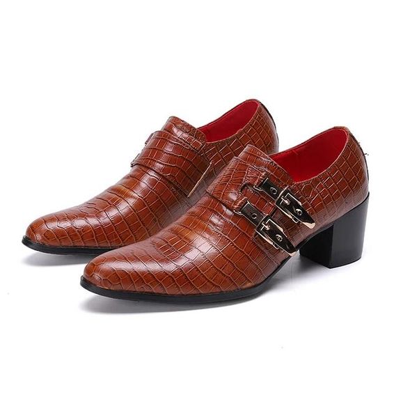 Marron hommes Crocodile chaussures boucle sangle hommes chaussures habillées en cuir à talons hauts chaussures d'affaires sans lacet mode bout pointu costume chaussure